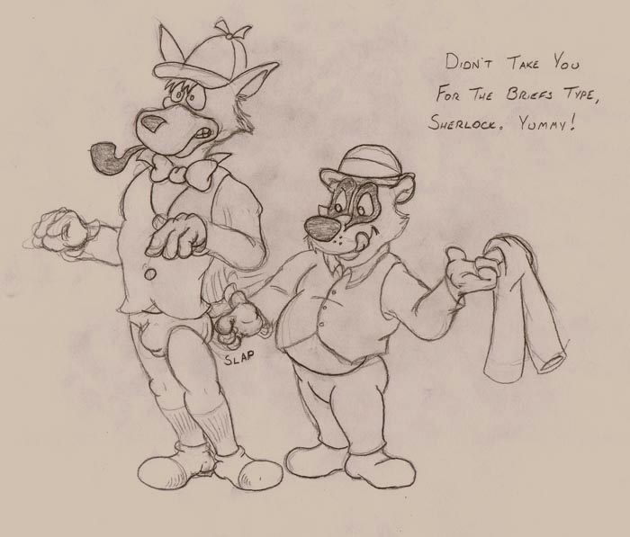 anthro assisted_exposure badger bottomwear briefs bruce_(brucebadger) brucebadger butt_slap canid canine canis clothed clothing dialogue domestic_dog dress_shirt duo english_text footwear forced forced_exposure forced_undressing fully_clothed hat headgear headwear holding_bottomwear holding_clothing holding_object holding_pants licking licking_lips male male/male mammal mustelid musteline open_mouth pants pantsed_male pantsing pantsless_male sherlock_holmes shirt shocked shoes slap socks sound_effects stolen_clothing teeth_showing text tobacco_pipe tongue tongue_out topwear underwear undressing vest