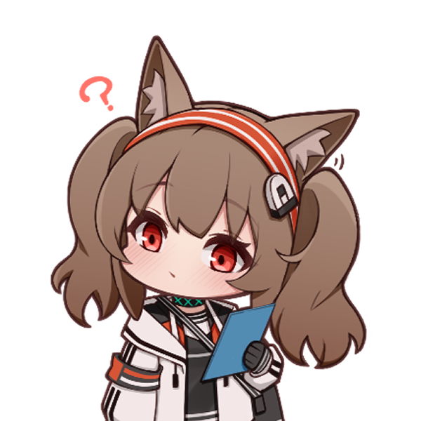 1girl ? angelina_(arknights) animal_ear_fluff animal_ears arknights black_gloves black_shirt blush brown_hair chibi closed_mouth commentary_request gloves hairband holding hood hood_down hooded_jacket jacket long_sleeves lxjun_09 open_clothes open_jacket puffy_long_sleeves puffy_sleeves red_eyes red_hairband shirt simple_background sleeves_past_wrists solo striped_clothes striped_hairband twintails upper_body white_background white_jacket
