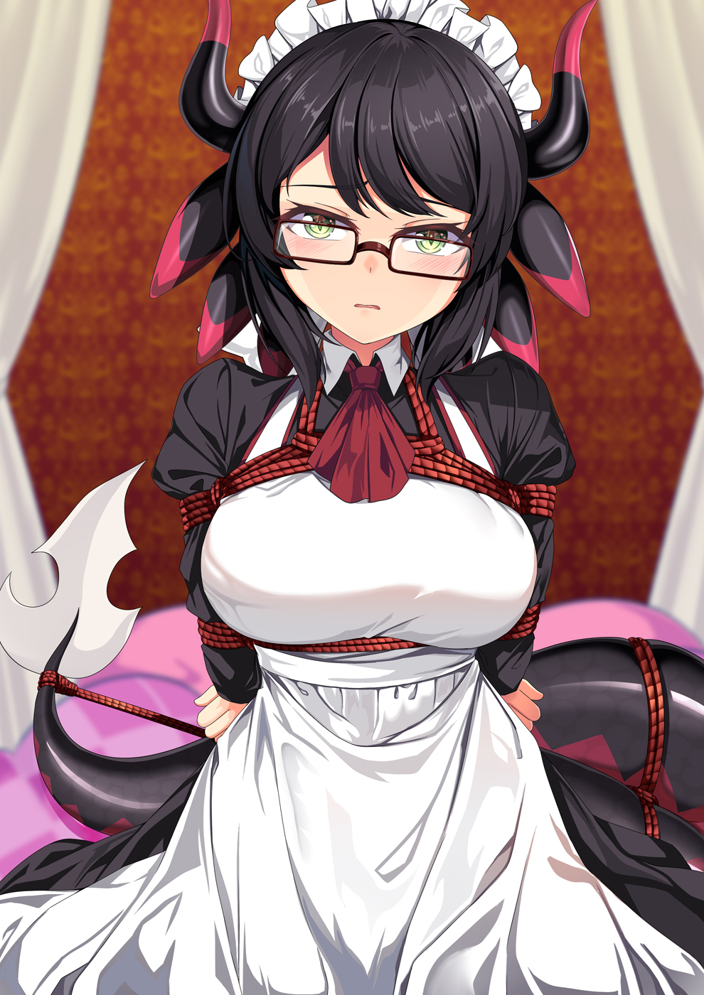 1girl apron arms_behind_back ascot bdsm black_dress black_hair bondage bound breasts commentary_request cowboy_shot dress glasses green_eyes highres horns house_dragonmaid large_breasts long_sleeves looking_at_viewer parted_lips red_ascot short_hair solo white_apron yasume_yukito yu-gi-oh!