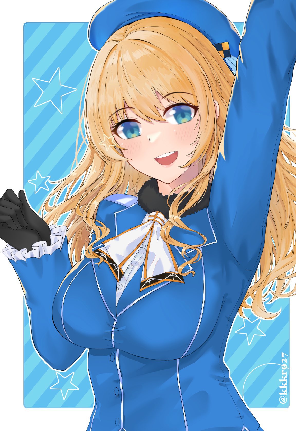 1girl atago_(kancolle) beret black_gloves blonde_hair blue_background blue_headwear blush breasts gloves green_eyes hat highres kantai_collection koureikyou_kou large_breasts long_hair looking_at_viewer military military_uniform one_eye_closed open_mouth smile solo starry_background twitter_username uniform upper_body white_background