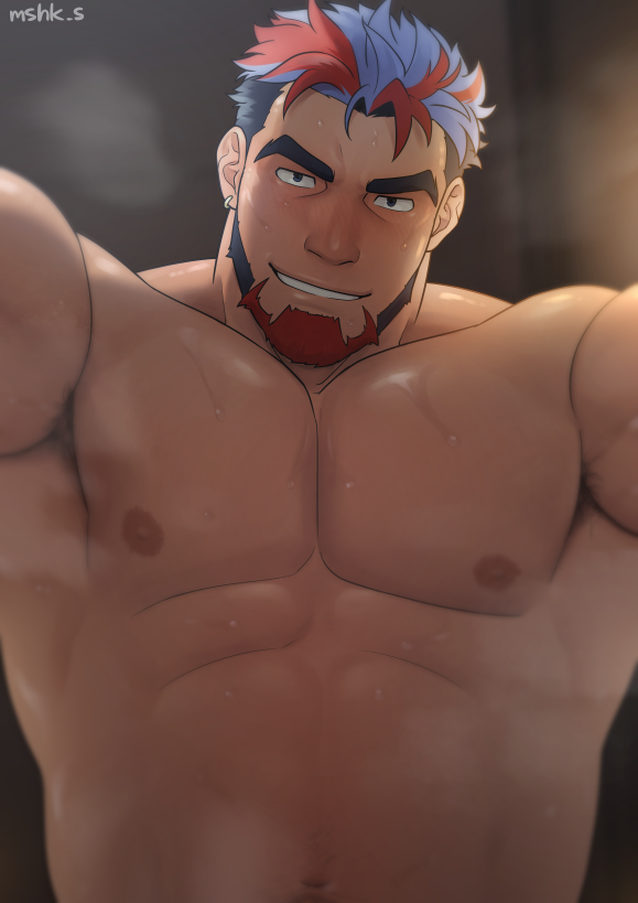 1boy arm_support armpit_hair armpit_hair_peek artist_name bara black_hair blue_hair blurry blurry_background blush chinstrap_beard crave_saga earrings grin jewelry large_pectorals looking_at_viewer male_focus masa_(mshk_s) mature_male multicolored_hair muscular nipples pectorals red_hair single_earring smile solo steaming_body sweat tesoro_(crave_saga) thick_eyebrows topless two-tone_beard