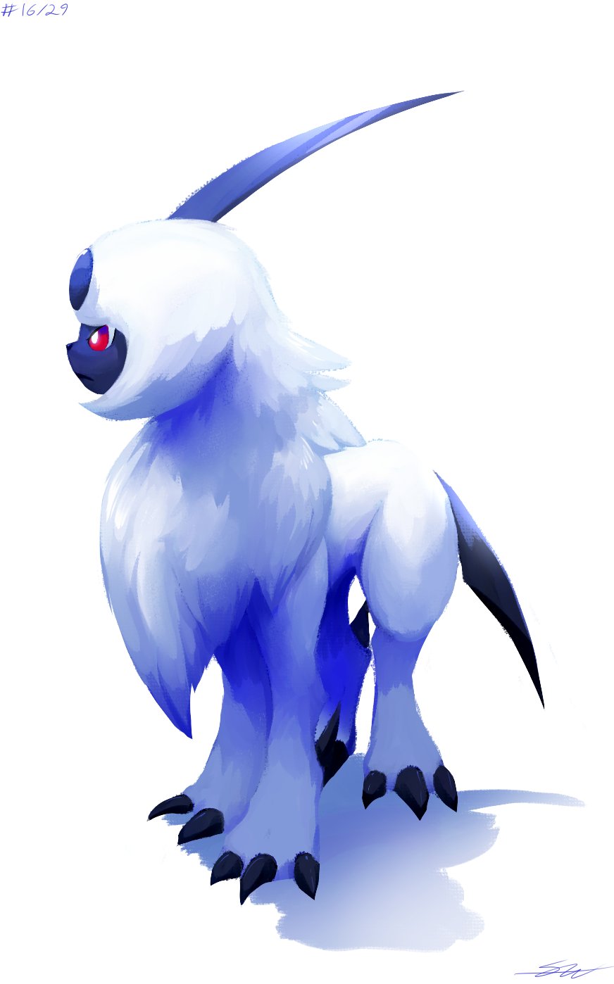 absol bright_pupils claws closed_mouth dated full_body highres likey looking_to_the_side no_humans pokemon pokemon_(creature) red_eyes signature solo standing white_background white_fur white_pupils