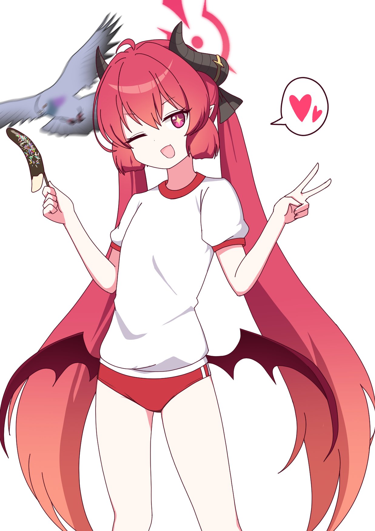 1girl animal bird blue_archive brown_wings buruma chocolate_banana demon_wings feet_out_of_frame gym_shirt gym_uniform hair_between_eyes halo heart highres junko_(blue_archive) long_hair looking_at_viewer nanju_bami one_eye_closed open_mouth pigeon red_buruma red_eyes red_hair red_halo shirt short_sleeves simple_background smile solo spoken_heart twintails white_background white_shirt wings