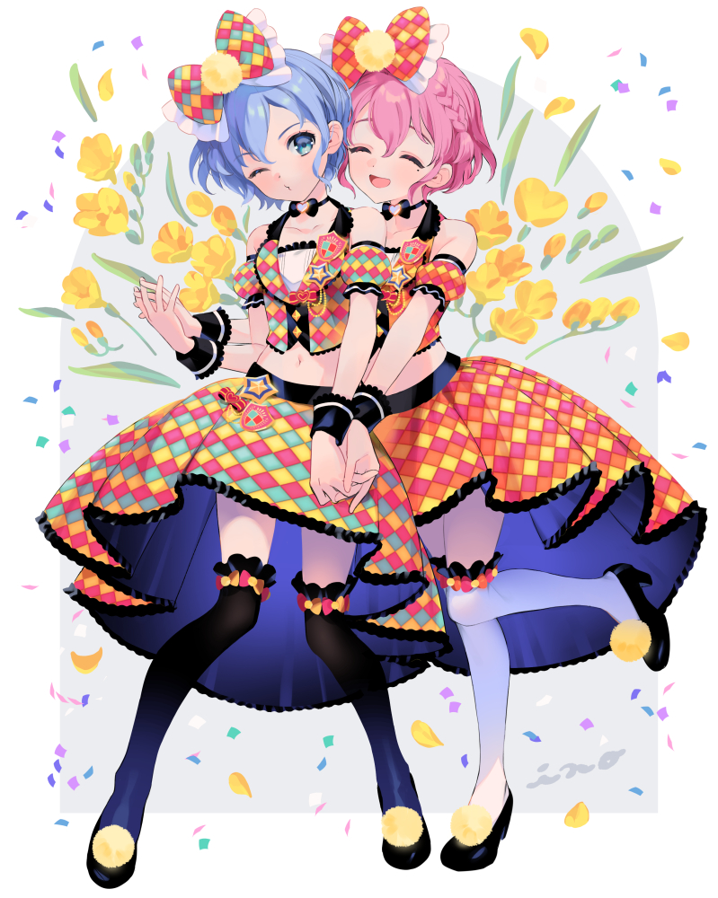 1boy 1girl :d black_footwear blue_eyes blue_hair bow bow_choker braid brother_and_sister closed_eyes commentary_request confetti cropped_shirt dorothy_west floral_background flower full_body hair_bow high-low_skirt holding_hands inogashi looking_at_viewer midriff mole mole_under_eye multicolored_clothes multicolored_shirt multicolored_skirt one_eye_closed open_mouth otoko_no_ko over-kneehighs pink_hair pretty_series pripara reona_west shoes short_hair siblings skirt smile standing standing_on_one_leg thighhighs twins yellow_flower