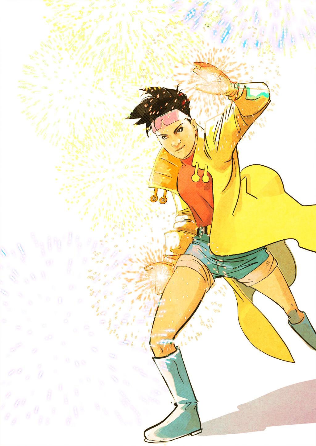 1girl black_hair breasts coat denim denim_shorts eyewear_on_head glasses gloves hands_up highres jacket jubilee marvel medium_breasts original sebastianpiriz short_hair shorts simple_background smile solo standing sunglasses superhero white_background x-men:_the_animated_series yellow_jacket