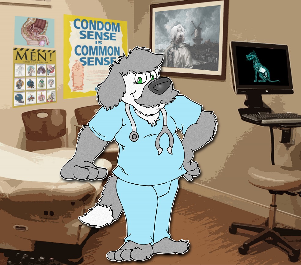 anthro black_nose blue_bottomwear blue_clothing blue_eyes blue_pants blue_shirt blue_topwear bottomwear brucebadger canid canine canis clothing condom doctor's_office domestic_dog english_text examination_room fur genitals green_eyes grey_body grey_fur grey_hair grey_mustache hair male mammal medical_instrument ozzie_shepley pants penis scientific_instrument scrubs sexual_barrier_device shirt smile solo stethoscope text topwear white_body white_fur