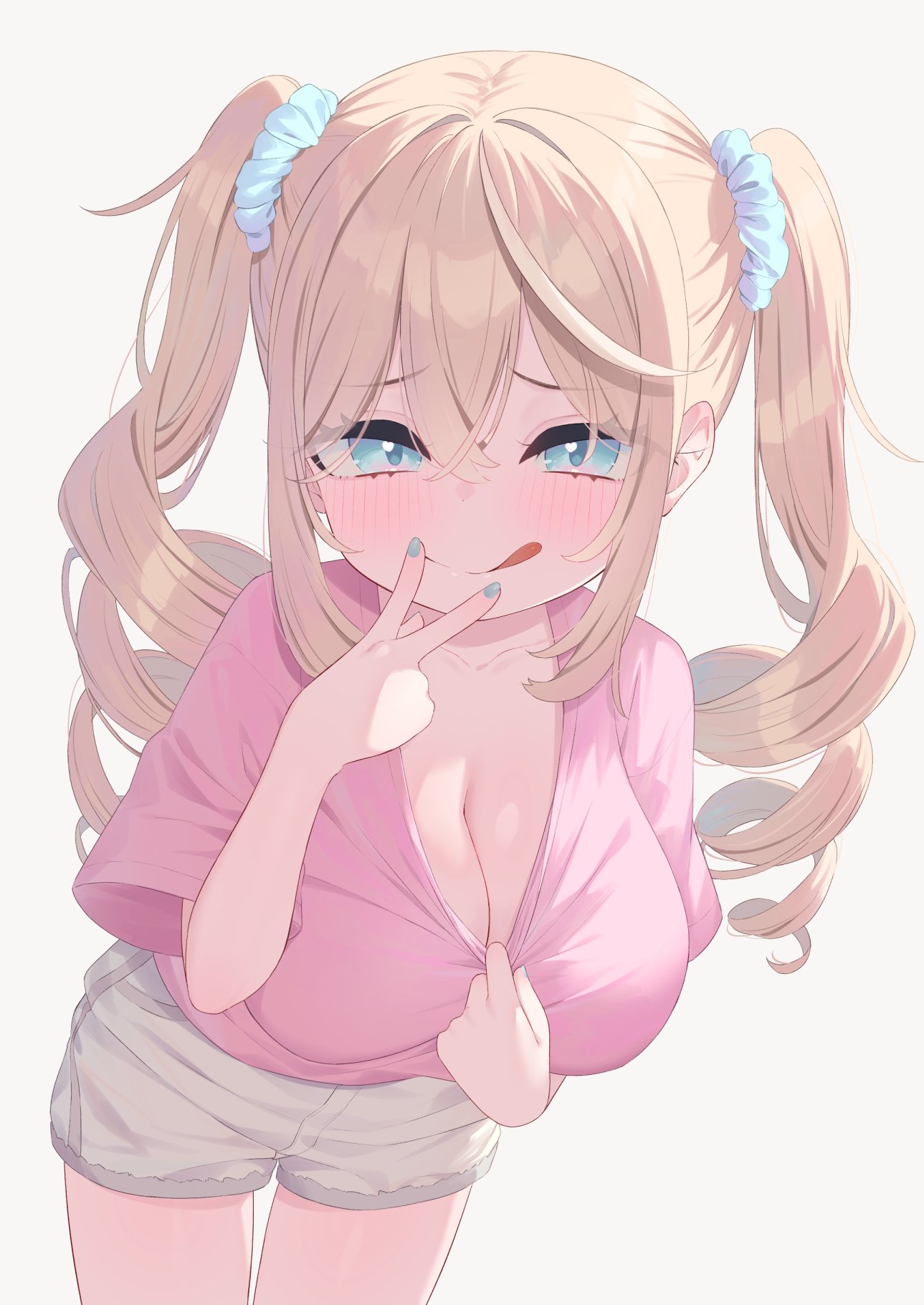 1girl :q blonde_hair blue_eyes blue_nails blush breasts cleavage clothes_pull drill_hair hair_between_eyes hair_ornament hair_scrunchie highres large_breasts leaning_forward long_hair looking_at_viewer nail_polish naughty_face oppai_loli original pink_shirt pulled_by_self scrunchie shirt shirt_pull short_shorts short_sleeves shorts simple_background smile solo tofu1601 tongue tongue_out twin_drills twintails v white_background white_shorts