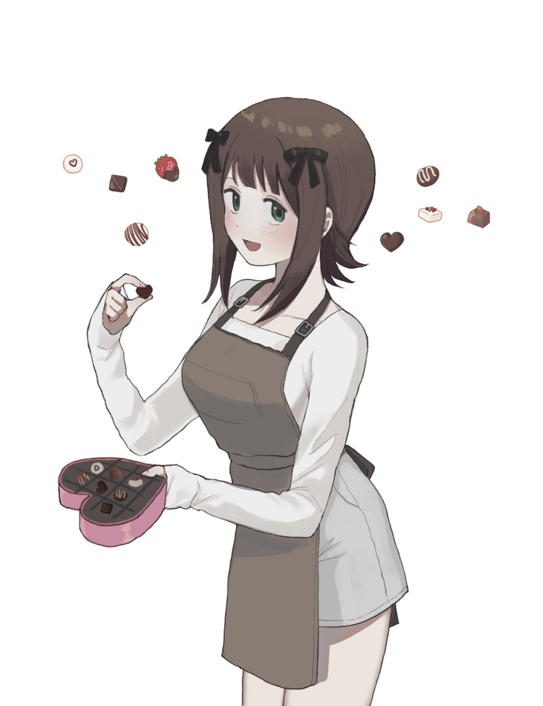 1girl 8_8ghost amami_haruka apron black_ribbon blunt_bangs blush box brown_apron brown_hair candy chocolate collarbone cowboy_shot dot_nose eyelashes flipped_hair food green_eyes grey_shorts hair_ribbon heart heart-shaped_box heart-shaped_chocolate highres idolmaster idolmaster_(classic) light_blush long_sleeves looking_at_viewer open_mouth ribbon shirt shorts sidelocks sleeves_past_wrists smile solo white_background white_shirt