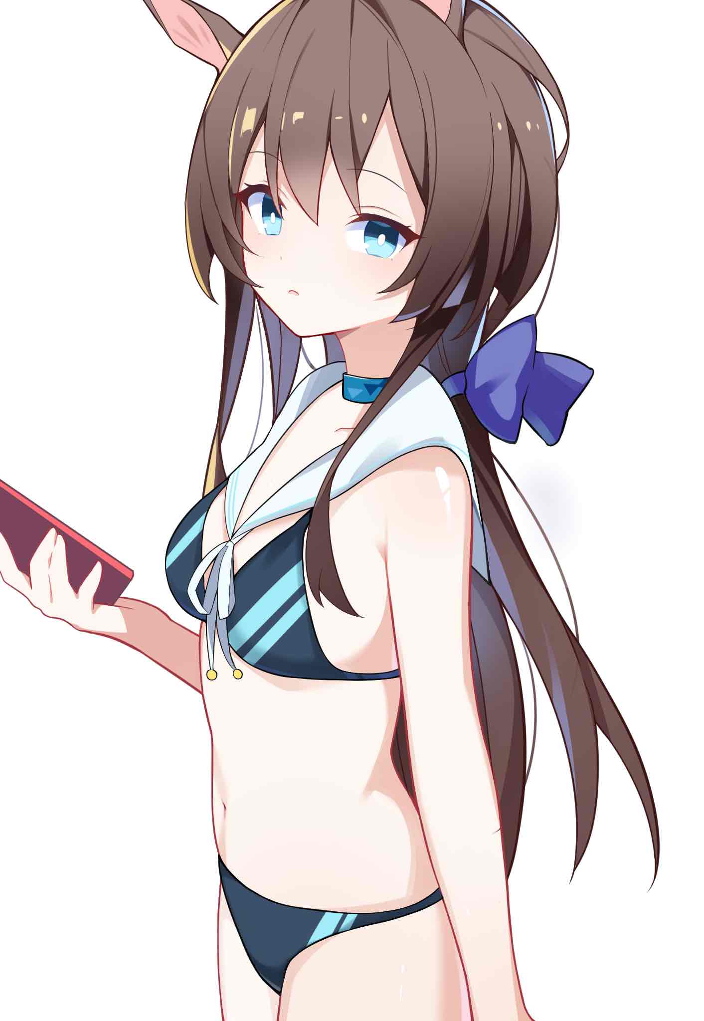 1girl amiya_(arknights) animal_ears arknights bare_arms bare_shoulders bikini black_bikini blue_collar blue_eyes breasts brown_hair cellphone collar commentary_request hair_between_eyes highres holding holding_phone low_ponytail navel parted_lips phone ponytail rabbit_ears sailor_collar simple_background small_breasts solo standing swimsuit twilight_(cgkk4357) white_background white_sailor_collar