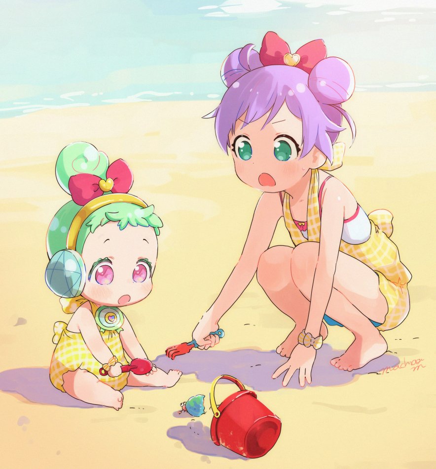 2girls :o ahoge baby barefoot beach bow bucket commentary_request double_bun full_body green_eyes green_hair hair_bow hair_bun headphones heart hermit_crab holding holding_shovel jewlie_(pripara) looking_down machico_maki manaka_laala manaka_laala_(young) multiple_girls ocean one-piece_swimsuit open_mouth outdoors pink_bow pretty_series pripara purple_hair shirt short_hair shovel single_hair_bun sitting squatting swimsuit white_shirt yellow_one-piece_swimsuit