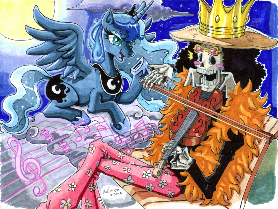 blue_hair bone brook_(one_piece) clothing cloud crossover crown cutie_mark duo english_text equine eyewear female feral friendship_is_magic hair hat horn horse irie-mangastudios male mammal moon musical_instrument my_little_pony night one_piece open_mouth pony princess_luna_(mlp) signature sitting skeleton skull stars text violin winged_unicorn wings