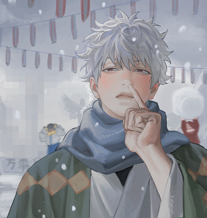 1girl 2boys blackbox_(blackbox9158) brown_eyes gintama holding_snowball japanese_clothes kagura_(gintama) kimono multiple_boys nose_picking sakata_gintoki scarf shimura_shinpachi short_hair sideways_glance snowball snowing upper_body white_hair wide_sleeves