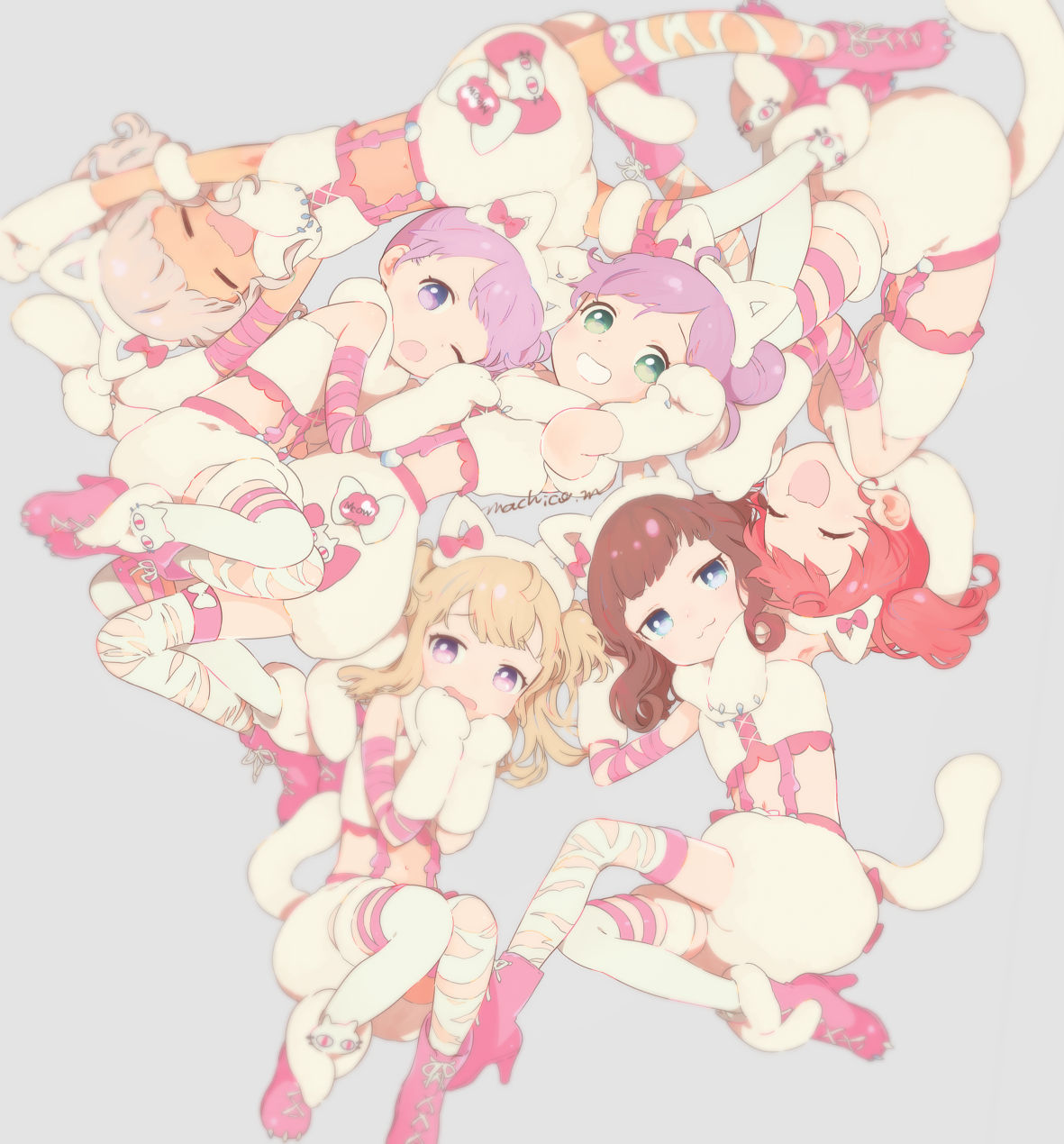 6+girls :d animal_ear_hairband animal_ears animal_hands arms_up blonde_hair blue_eyes blunt_bangs bow brown_hair cat_ear_hairband cat_ears cat_tail closed_eyes closed_mouth crop_top fake_animal_ears fake_tail gloves green_eyes grey_background hairband hands_up high_heels highres kurosu_aroma long_hair looking_at_viewer lying machico_maki manaka_laala manaka_laala_(young) manaka_non manaka_non_(normal) midriff multiple_girls nervous on_back open_mouth paw_gloves paw_pose pink_bow pink_footwear ponytail pretty_series pripara purple_eyes purple_hair red_hair shiratama_mikan shoes short_hair shorts siblings sisters smile tail taiyo_pepper thighhighs torn_clothes torn_thighhighs tsukikawa_chili tsukikawa_chili_(normal) two_side_up upside-down white_bow white_hairband white_shorts white_thighhighs