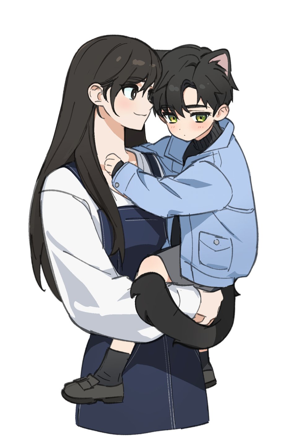 1boy 1girl aged_down animal_ears black_footwear black_hair black_socks black_sweater blue_coat blue_overalls brown_eyes carrying cat_ears cat_tail child child_carry coat cowboy_shot full_body green_eyes grey_shorts highres long_hair long_sleeves love_and_deepspace overalls protagonist_(love_and_deepspace) short_hair shorts smile socks sweater tail time_paradox white_sweater wuliu_heihuo zayne_(love_and_deepspace)