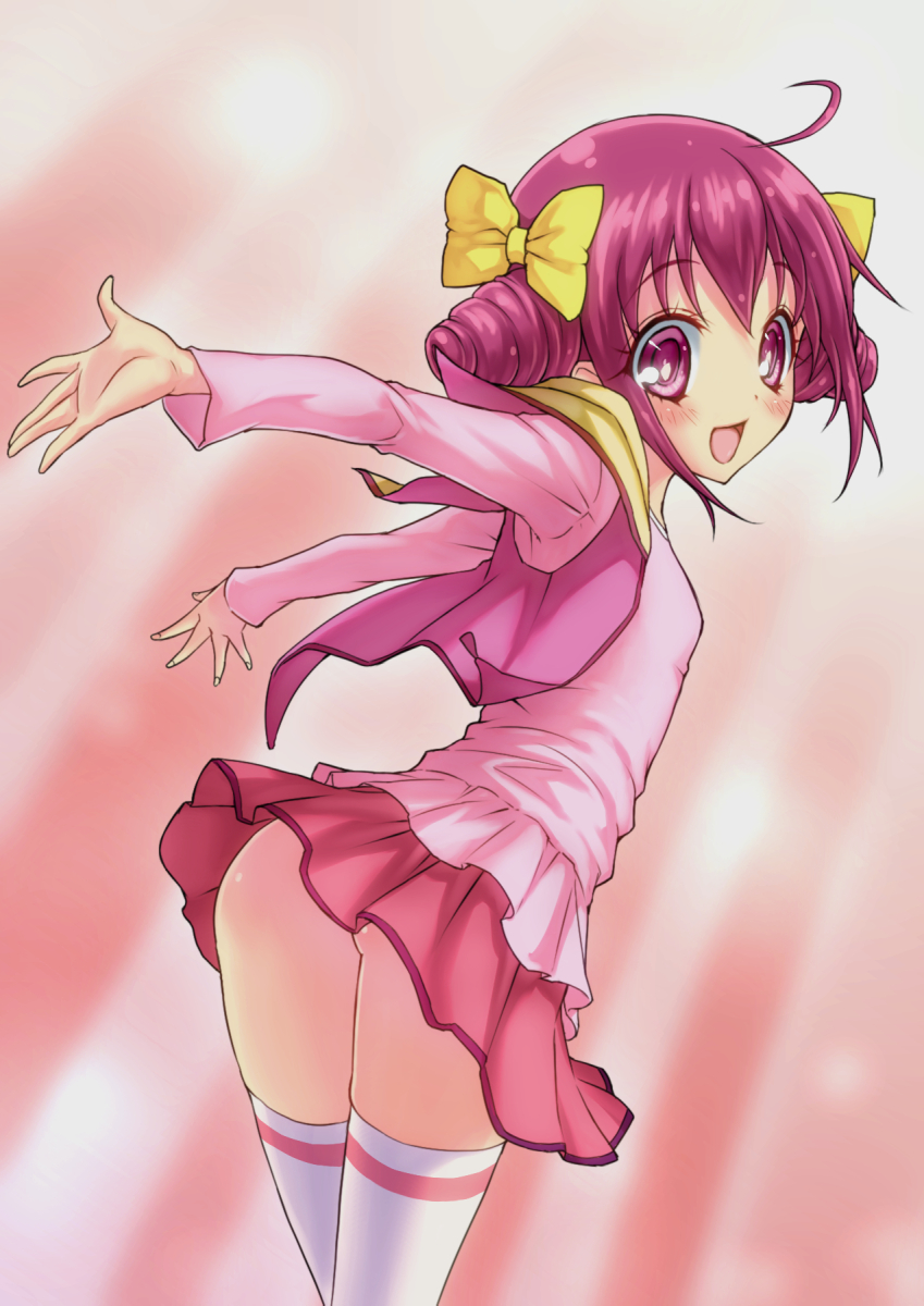 ass blush from_behind highres hoshizora_miyuki looking_back no_panties outstretched_arms pink_eyes pink_hair pink_vest precure ribbon shimashima_salmon short_hair skirt smile smile_precure! solo thighhighs vest wind wind_lift