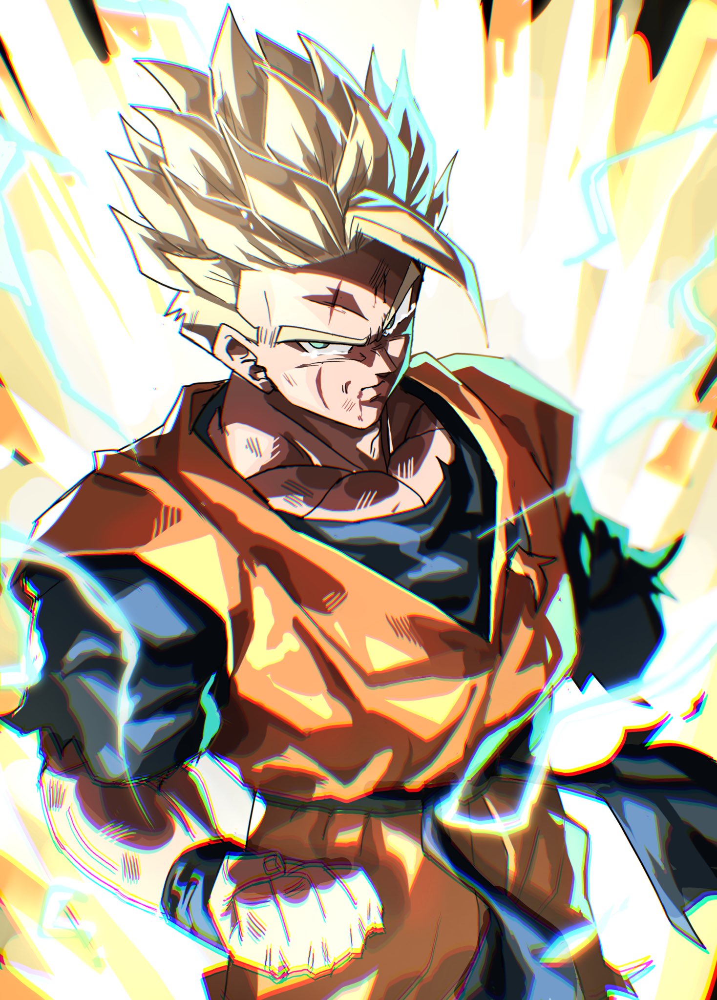 amputee belt blonde_hair blue_belt blue_shirt dougi dragon_ball dragon_ball_z green_eyes highres missing_limb orange_shirt scar scar_on_face scene_reference shirt simple_background son_gohan son_gohan_(future) spiked_hair super_saiyan super_saiyan_2 tkht_9315