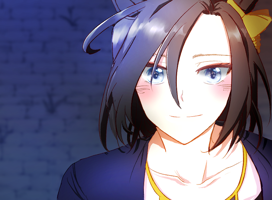 1girl air_groove_(umamusume) animal_ears asymmetrical_bangs blue_eyes blue_shirt blurry blurry_foreground blush brown_hair closed_mouth collarbone horse_ears jewelry korean_commentary looking_at_viewer necklace portrait shirt short_hair smile solo split_mouth taisaaa umamusume