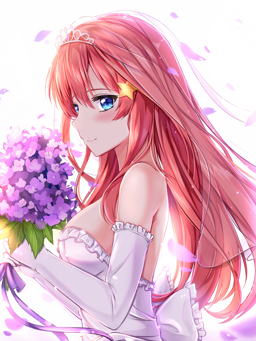 1girl bare_shoulders blue_eyes blush bouquet breasts bridal_veil cleavage collarbone commentary dress elbow_gloves falling_petals flower gloves go-toubun_no_hanayome hair_between_eyes hair_ornament holding holding_bouquet incoming_food large_breasts long_hair looking_at_viewer looking_to_the_side muwa12 nakano_itsuki petals purple_flower red_hair simple_background smile star_(symbol) star_hair_ornament strapless strapless_dress tiara veil wedding_dress white_dress white_gloves