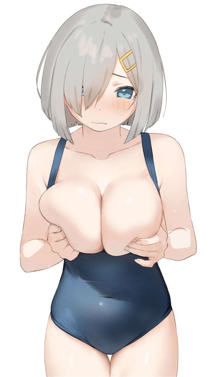 1girl bare_arms bare_legs bare_shoulders black_one-piece_swimsuit blue_eyes blush breasts cleavage closed_mouth collarbone cowboy_shot grey_hair hair_ornament hair_over_one_eye hairclip hamakaze_(kancolle) highres kantai_collection large_breasts one-piece_swimsuit sakieko school_swimsuit short_hair simple_background solo swimsuit white_background
