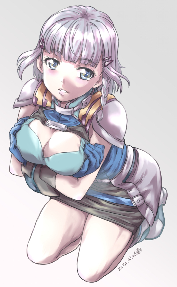 1girl blue_eyes blush braid breasts cleavage gloves grey_hair hair_ornament hairclip huge_breasts large_breasts looking_at_viewer mikage_nao seolla_schweizer short_hair side_braid solo super_robot_wars super_robot_wars_original_generation