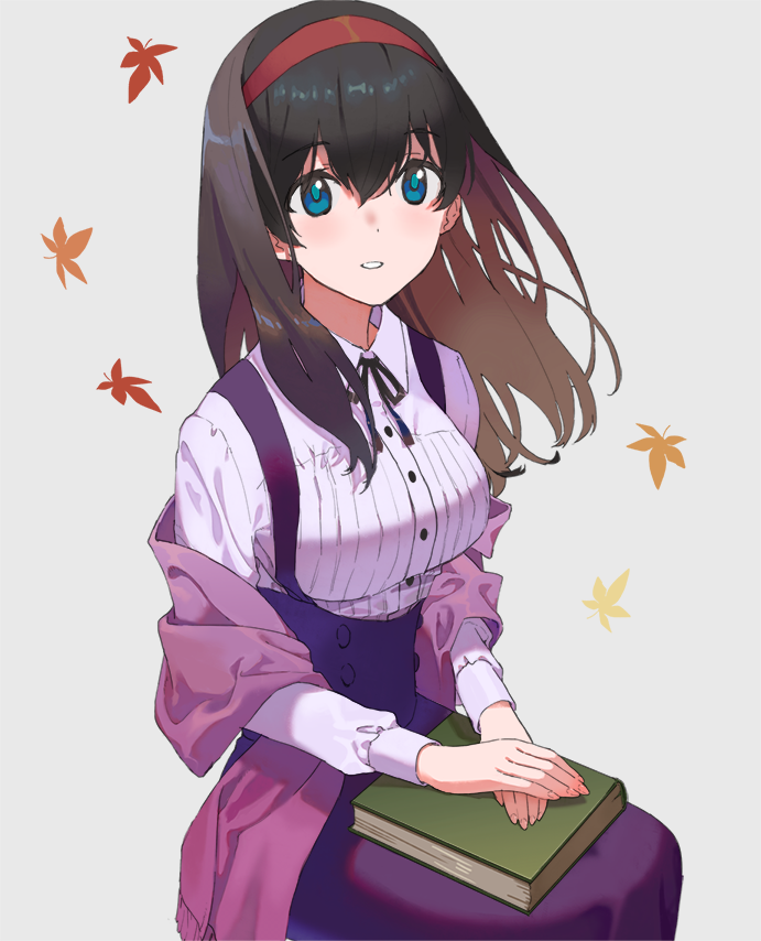 1girl autumn_leaves black_hair blue_eyes blush book collared_shirt cosplay dress hairband idolmaster idolmaster_(classic) idolmaster_cinderella_girls long_hair looking_at_viewer neck_ribbon oda_ya_ka own_hands_together parted_lips purple_dress ribbon sagisawa_fumika shawl shijou_takane shijou_takane_(cosplay) shirt sitting smile solo underbust