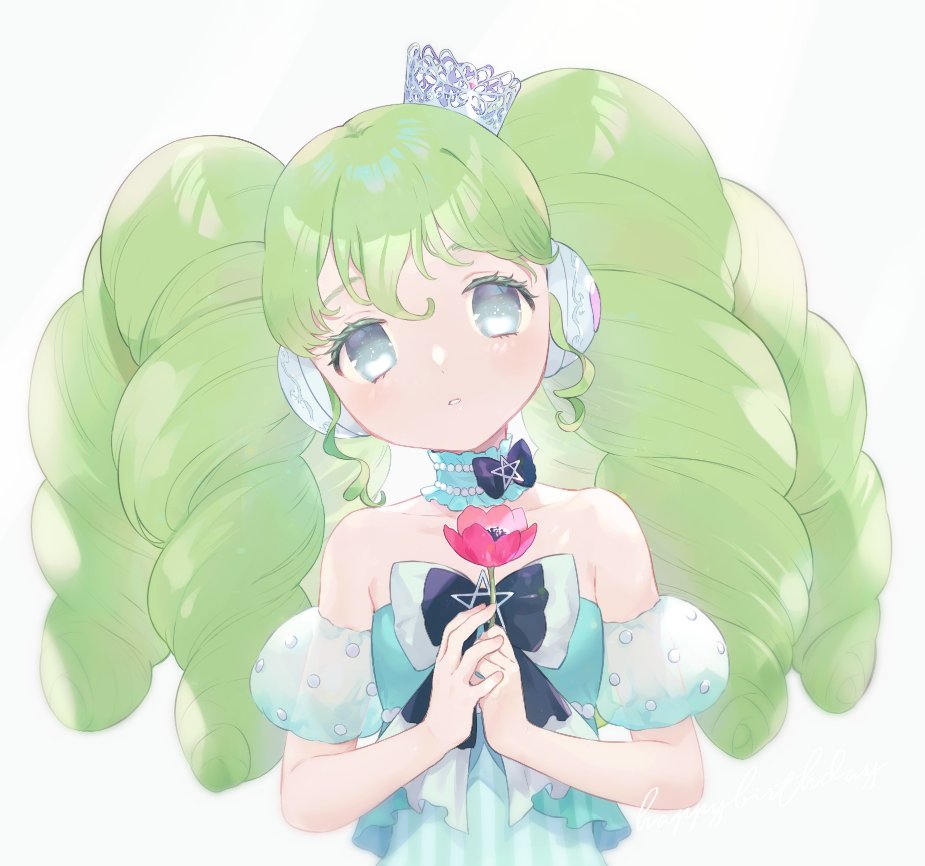 1girl bare_shoulders black_bow blue_choker bow choker detached_sleeves expressionless falulu flower frilled_choker frills green_hair grey_eyes headphones holding holding_flower long_hair looking_at_viewer machico_maki own_hands_together parted_lips pretty_series pripara puffy_detached_sleeves puffy_sleeves red_flower sidelocks simple_background solo twintails upper_body white_background