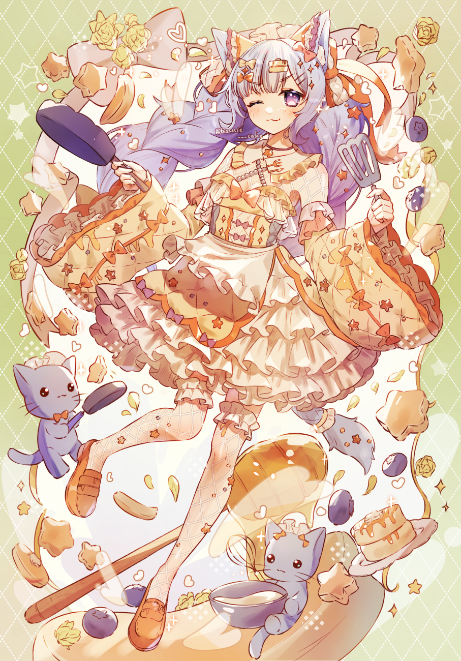 1girl ;3 animal_ears apron artist_name black_choker blueberry blunt_bangs bow bowl bowtie braid bridal_garter cake_batter cat cat_ears cat_girl cat_tail choker commentary cookie detached_sleeves diamond_hair_ornament dress falling_petals fishnet_thighhighs fishnets floating floating_object flower food frilled_dress frilled_sleeves frills fruit frying_pan full_body green_background hair_bow hair_ornament hairclip headdress heart heart_hair_ornament highres holding holding_frying_pan holding_spatula honey honey_dipper jewelry layered_dress leg_up loafers long_hair looking_at_viewer one_eye_closed orange_bow orange_bowtie orange_footwear original pancake pancake_stack pendant petals plate purple_eyes purple_hair shoes signature smile solo sparkle spatula symbol-only_commentary tail tail_ornament thighhighs too_many too_many_frills tsukumi_bis twin_braids waist_apron whisk white_apron white_thighhighs wide_sleeves yellow_dress yellow_flower
