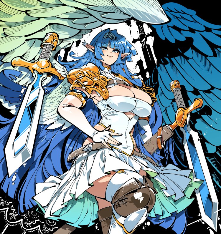 1girl belt black_background blue_eyes blue_wings breasts brown_belt cleavage cleavage_cutout closed_mouth clothing_cutout commission elbow_gloves feathered_wings fingerless_gloves floating floating_object gloves gradient_skirt green_skirt hand_on_own_hip holding holding_sword holding_weapon kafun knee_pads knee_up lace_background large_breasts leotard looking_at_viewer original pointy_ears shoulder_pads sideless_outfit sidelocks skeb_commission skirt smile solo standing standing_on_one_leg sword two-tone_background weapon white_background white_gloves white_leotard white_skirt wings