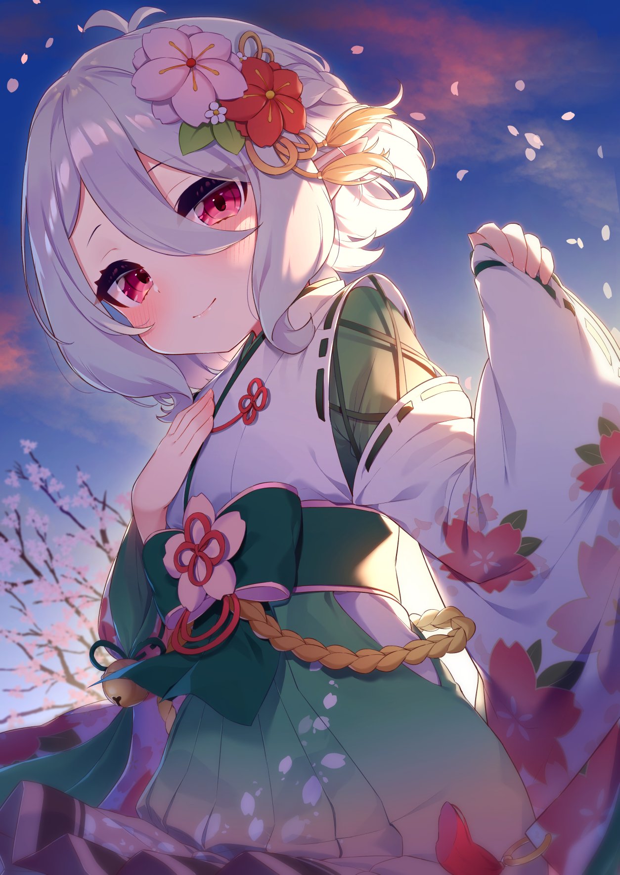 1girl antenna_hair blush bow cherry_blossoms closed_mouth cloud elf floral_print flower green_bow green_hakama hair_between_eyes hair_flower hair_ornament hakama hakama_skirt hand_on_own_chest hand_up highres japanese_clothes kimono kokkoro_(new_year)_(princess_connect!) kokkoro_(princess_connect!) long_sleeves looking_at_viewer miko outdoors petals pinching_sleeves pink_flower pointy_ears princess_connect! red_eyes red_flower ribbon_trim short_hair skirt sky sleeves_past_wrists smile solo tofu1601 white_flower white_kimono wide_sleeves