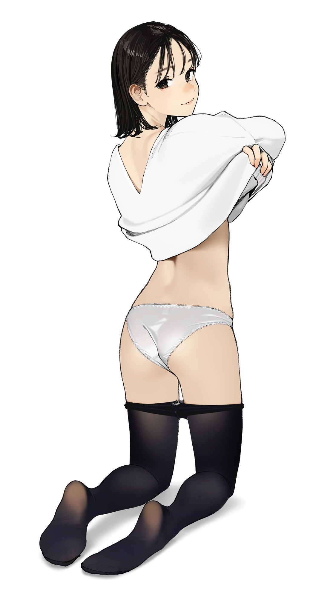1girl ass black_hair black_pantyhose blush brown_eyes closed_mouth clothes_lift clothes_pull feet from_behind highres kneeling lifted_by_self looking_at_viewer looking_back no_shoes original panties pantyhose pantyhose_pull shirt_lift short_hair smile soles solo underwear white_panties yomu_(sgt_epper)