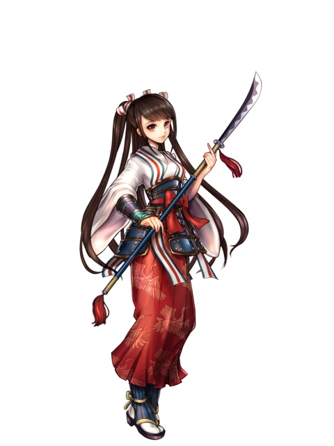 armor artist_request bracer brown_hair character_request faulds greaves japanese_clothes long_hair naginata official_art onimusha onimusha_soul polearm red_eyes solo twintails weapon wide_sleeves