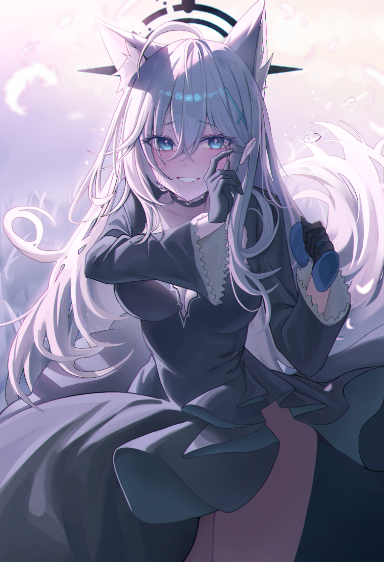 1girl animal_ear_fluff animal_ears black_dress black_gloves black_halo blue_archive breasts broken_halo cleavage commentary_request crying crying_with_eyes_open dress extra_ears gloves grey_eyes grey_hair hair_between_eyes halo large_breasts long_hair looking_at_viewer melt_(melt_out1) shiroko_(blue_archive) shiroko_terror_(blue_archive) side_slit smile solo tears thighs wiping_tears wolf_ears wolf_girl