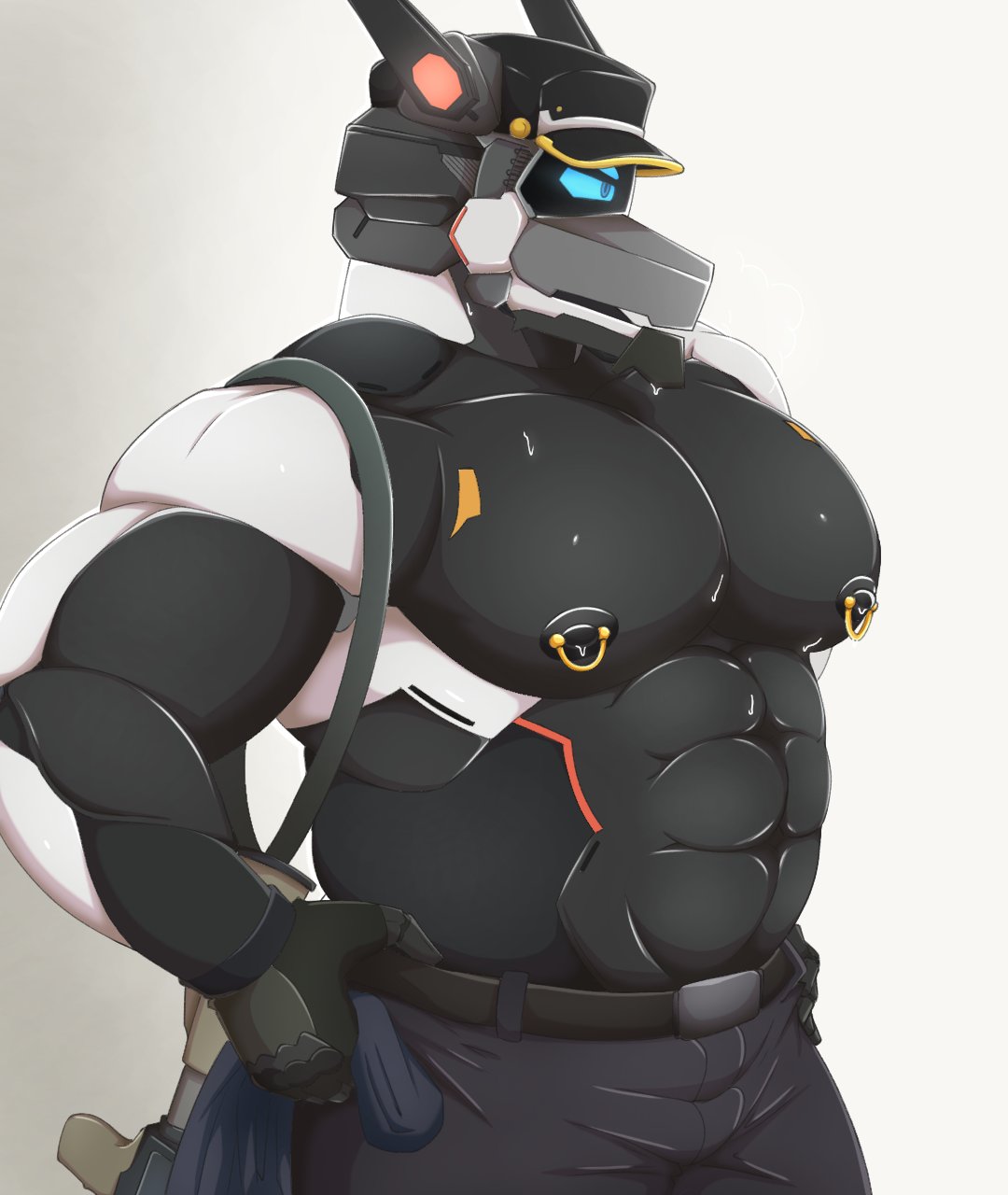 2024 abs anthro barazoku biceps biped blue_body blue_eyes blue_fur canid canine canis fur fur_digit hi_res machine male mammal muscular muscular_anthro muscular_male nipple_piercing nipple_ring nipples pecs piercing ring_piercing robot solo standing white_body white_fur wolf