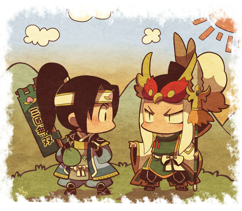 2boys bag black_hair black_pants black_socks blue_pants bow chibi chibi_only chinese_clothes cloud dusk full_body helmet holding holding_bag holding_banner holding_polearm holding_weapon kotorai looking_at_another ma_chao male_focus multiple_boys no_mouth no_nose outdoors pants polearm ponytail sandals shin_sangoku_musou socks sun translation_request weapon white_bow white_hair wide_sleeves zhao_yun zouri