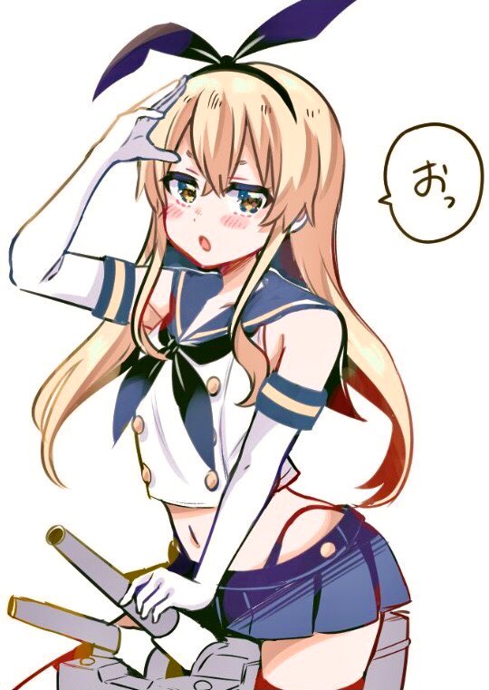 1girl black_neckerchief black_panties blonde_hair blue_sailor_collar blue_skirt blush brown_eyes crop_top elbow_gloves gloves hair_between_eyes highleg highleg_panties kantai_collection koni_suke long_hair microskirt neckerchief panties parted_lips pleated_skirt rensouhou-chan sailor_collar shimakaze_(kancolle) simple_background skirt sleeveless thighhighs translation_request underwear white_background white_gloves