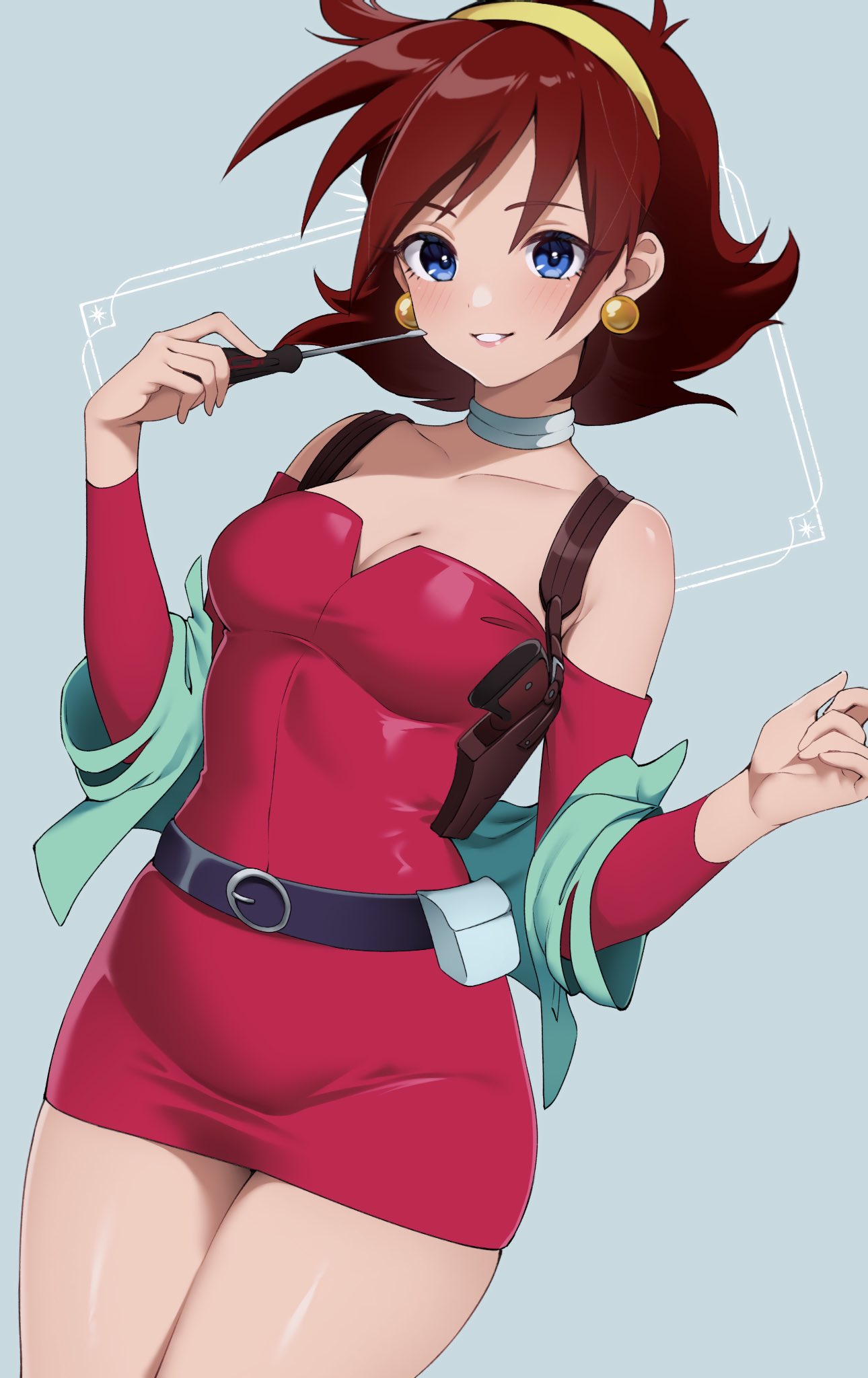 1girl aqua_background aqua_choker bare_shoulders belt black_belt blue_eyes blush breasts campbell_xx cleavage collarbone commentary_request cowboy_shot dress earrings g_gundam gundam hairband highres holding holding_screwdriver jewelry looking_at_viewer medium_breasts off-shoulder_dress off_shoulder rain_mikamura red_dress red_hair screwdriver short_dress simple_background smile solo thighs weapon_case yellow_hairband