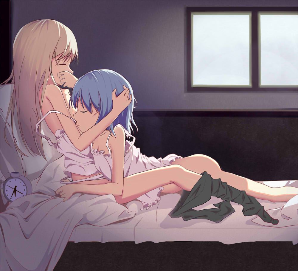 2girls alarm_clock bare_arms bare_legs black_pantyhose blue_hair bottomless brown_hair camisole clock closed_eyes commentary eila_ilmatar_juutilainen hand_in_another's_hair indoors licking licking_breast long_hair lying medium_hair multiple_girls off_shoulder on_bed on_stomach pantyhose pantyhose_around_one_leg pillow sanya_v._litvyak sitting soha_(sirohase) strap_slip strike_witches:_aurora_no_majo tongue tongue_out white_camisole window yuri