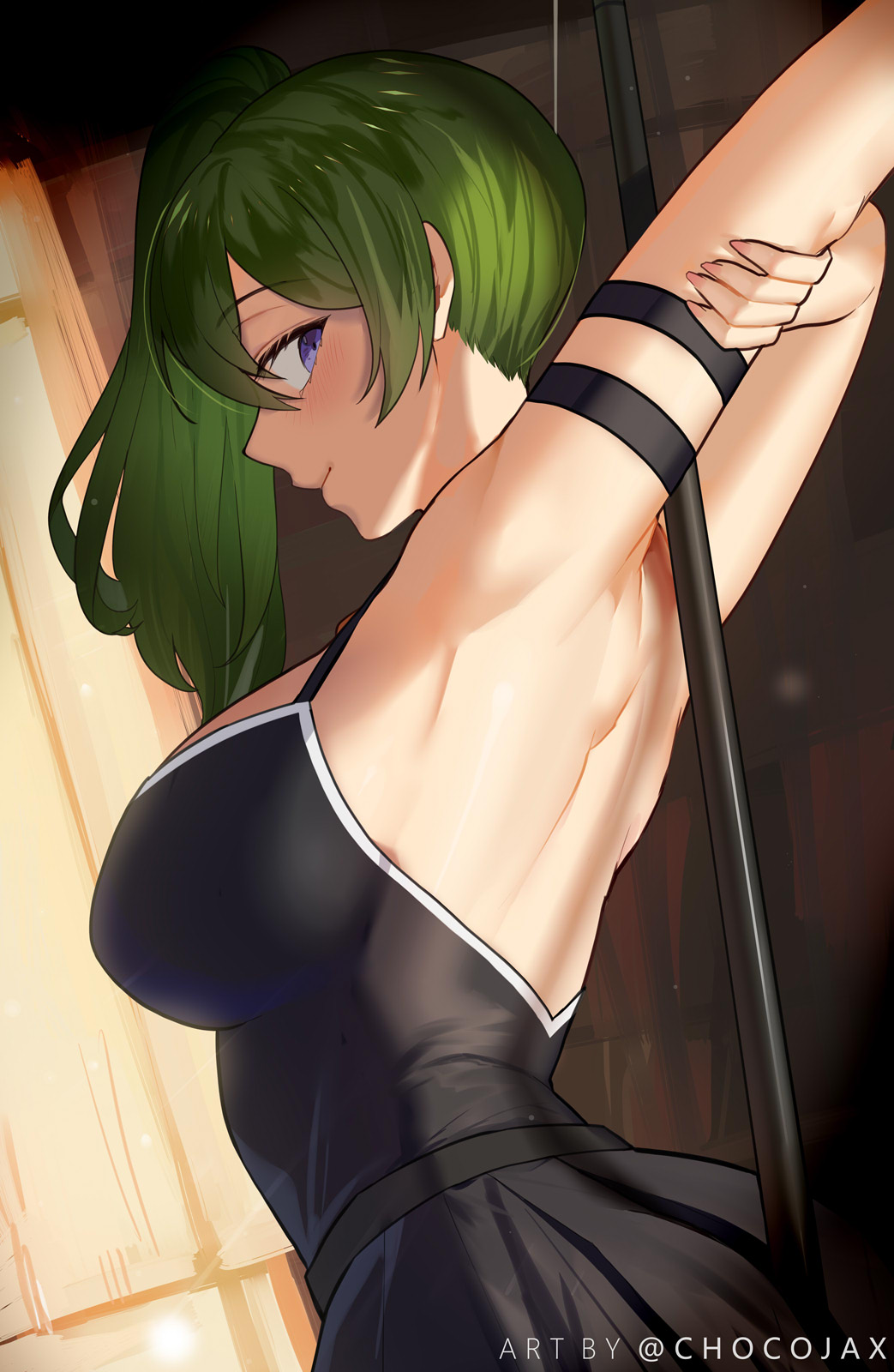 1girl arm_strap arms_up backless_dress backless_outfit bare_shoulders belt black_belt black_dress blush breasts chocojax dress green_hair hair_between_eyes highres long_hair looking_at_viewer pleated_dress purple_eyes side_ponytail skirt smile solo sousou_no_frieren stretching ubel_(sousou_no_frieren)