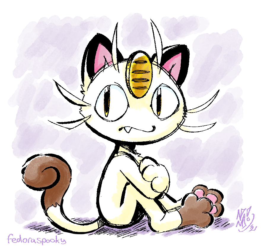 2023 3_fingers 3_toes ambiguous_gender anthro arms_around_legs border brown_feet colored curled_tail cute_fangs dipstick_tail fangs fedoraspooky feet fingers generation_1_pokemon looking_at_viewer markings meowth nintendo pawpads paws pink_inner_ear pink_pawpads pokemon pokemon_(species) purple_background shadow signature simple_background sitting sitting_on_ground solo tail tail_markings tan_body teeth toes whiskers white_border yellow_eyes