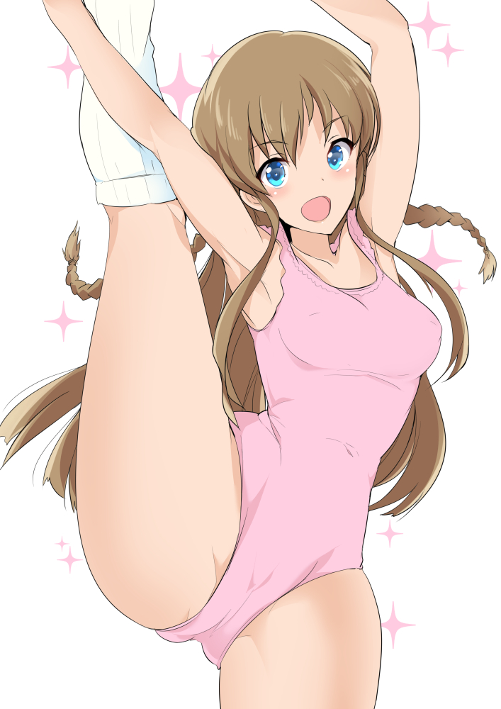 1girl armpits arms_up athletic_leotard bare_shoulders blue_eyes blush braid breasts brown_hair collarbone cowboy_shot dot_nose floating_hair idolmaster idolmaster_million_live! idolmaster_million_live!_theater_days kousaka_umi leg_up leotard long_hair looking_at_viewer maruwa_tarou medium_breasts open_mouth pink_leotard simple_background smile socks solo sparkle spread_legs standing standing_on_one_leg twin_braids white_background white_socks