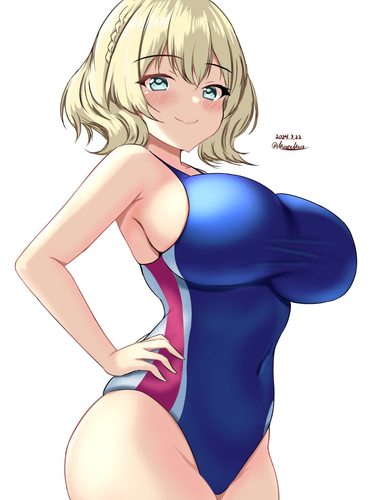 1girl blonde_hair blue_eyes blue_one-piece_swimsuit blush braid breasts colorado_(kancolle) competition_swimsuit covered_navel cowboy_shot dated hair_between_eyes highres kantai_collection large_breasts looking_at_viewer montemasa multicolored_clothes multicolored_swimsuit one-piece_swimsuit short_hair side_braids smile solo swimsuit twitter_username two-tone_swimsuit white_background