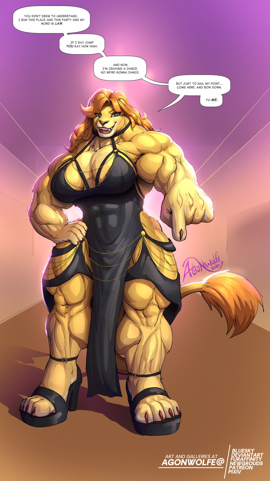 agonwolfe anthro biped claws clothing dialogue dress felid feline female hi_res humanoid imposing lion mammal muscular pantherine party plantigrade