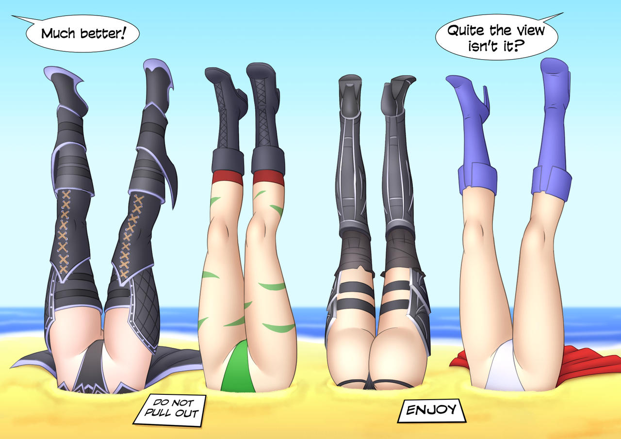 4girls ass beach boots cammy_white capcom cape day dc_comics head_out_of_frame humiliation inugami-ke_no_ichizoku_pose legs leotard lower_body multiple_girls non-web_source power_girl prince_of_persia ryona sand speech_bubble street_fighter street_fighter_iv_(series) stuck superman_(series) thighs thong upside-down water
