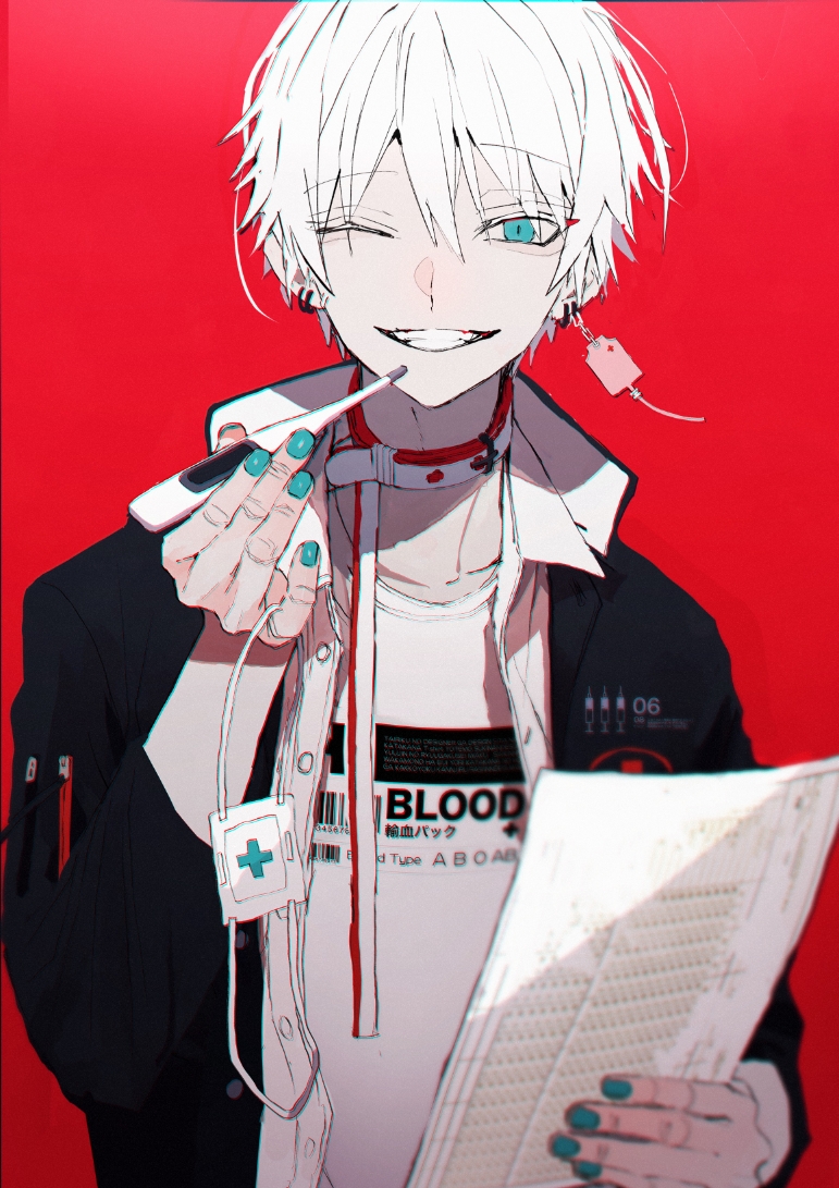 1boy black_jacket blue_eyes blue_nails choker clothes_writing collared_jacket ear_piercing earrings hair_between_eyes holding holding_paper jacket jewelry leash looking_at_viewer male_focus manicure nail_polish one_eye_closed open_clothes open_jacket original paper piercing red_background sakusya2honda shirt simple_background single_earring smile solo teeth thermometer upper_body white_hair white_shirt