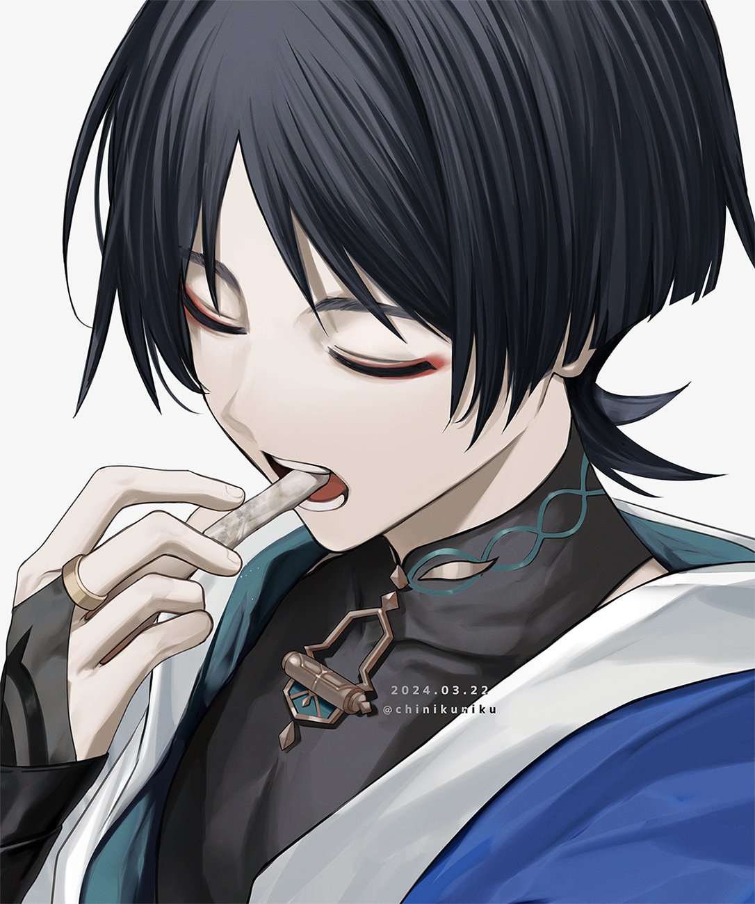 1boy artist_name black_gloves black_hair black_shirt blue_cape blunt_ends cape chinikuniku closed_eyes covered_collarbone dated eating elbow_gloves eyeshadow fingerless_gloves fingernails food genshin_impact gloves hand_up highres holding holding_food jewelry makeup male_focus mandarin_collar necklace no_headwear open_clothes open_mouth open_vest red_eyeshadow ring scaramouche_(genshin_impact) shirt short_hair short_sleeves simple_background sleeveless sleeveless_shirt solo teeth tongue upper_body vest wanderer_(genshin_impact) white_background white_vest