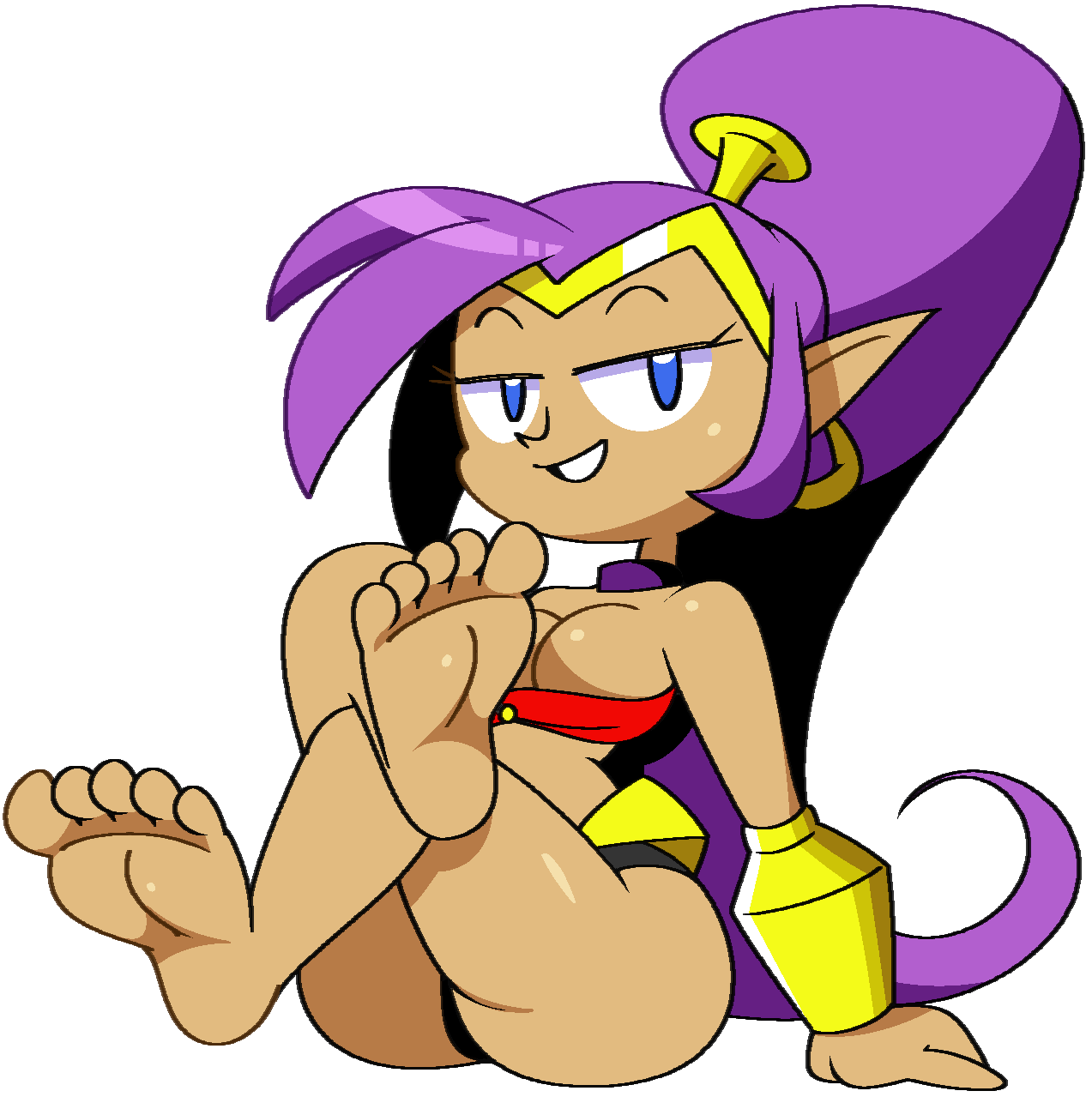 5_toes barefoot blue_eyes breasts butt clothing ear_piercing ear_ring feet female genie hair half-closed_eyes hi_res humanoid humanoid_pointy_ears long_hair looking_at_viewer narrowed_eyes not_furry panties piercing ponytail purple_hair ring_piercing shantae shantae_(series) simple_background sitting smile soles solo tan_body tan_skin toes underwear vilepluff wayforward white_background