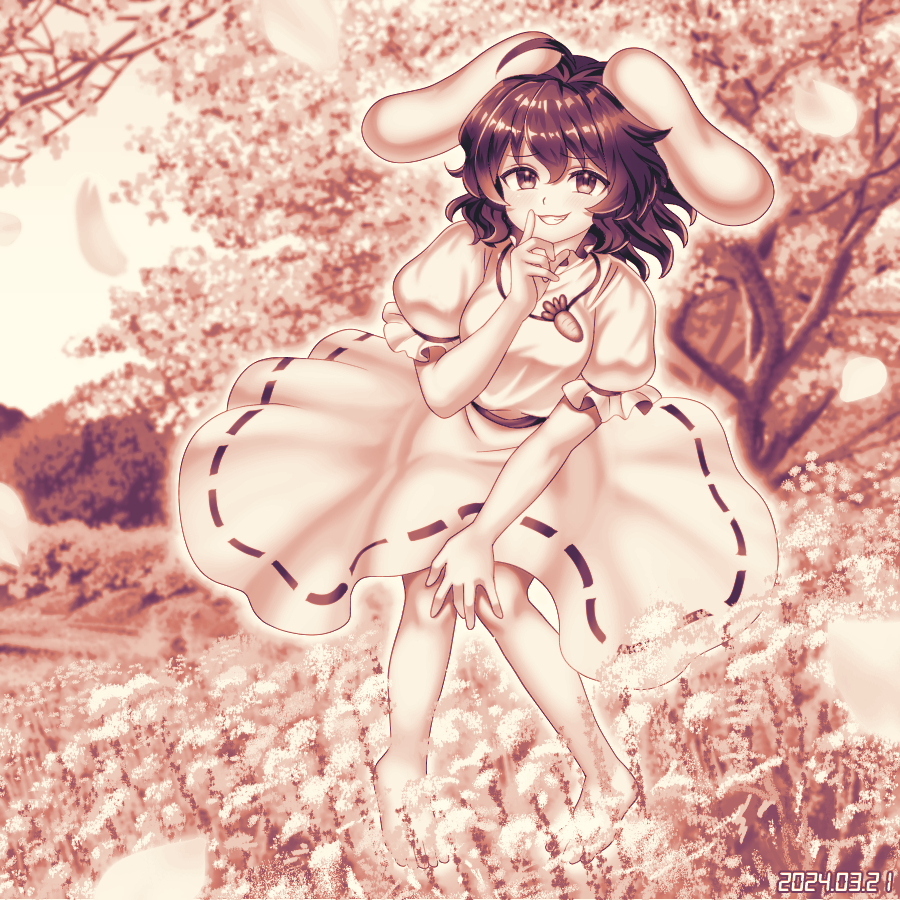 1girl animal_ears barefoot carrot_necklace commentary_request dress floppy_ears full_body greyscale inaba_tewi jewelry looking_at_viewer monochrome necklace nokimenayu outdoors rabbit_ears rabbit_girl ribbon-trimmed_dress short_hair short_sleeves smile solo touhou