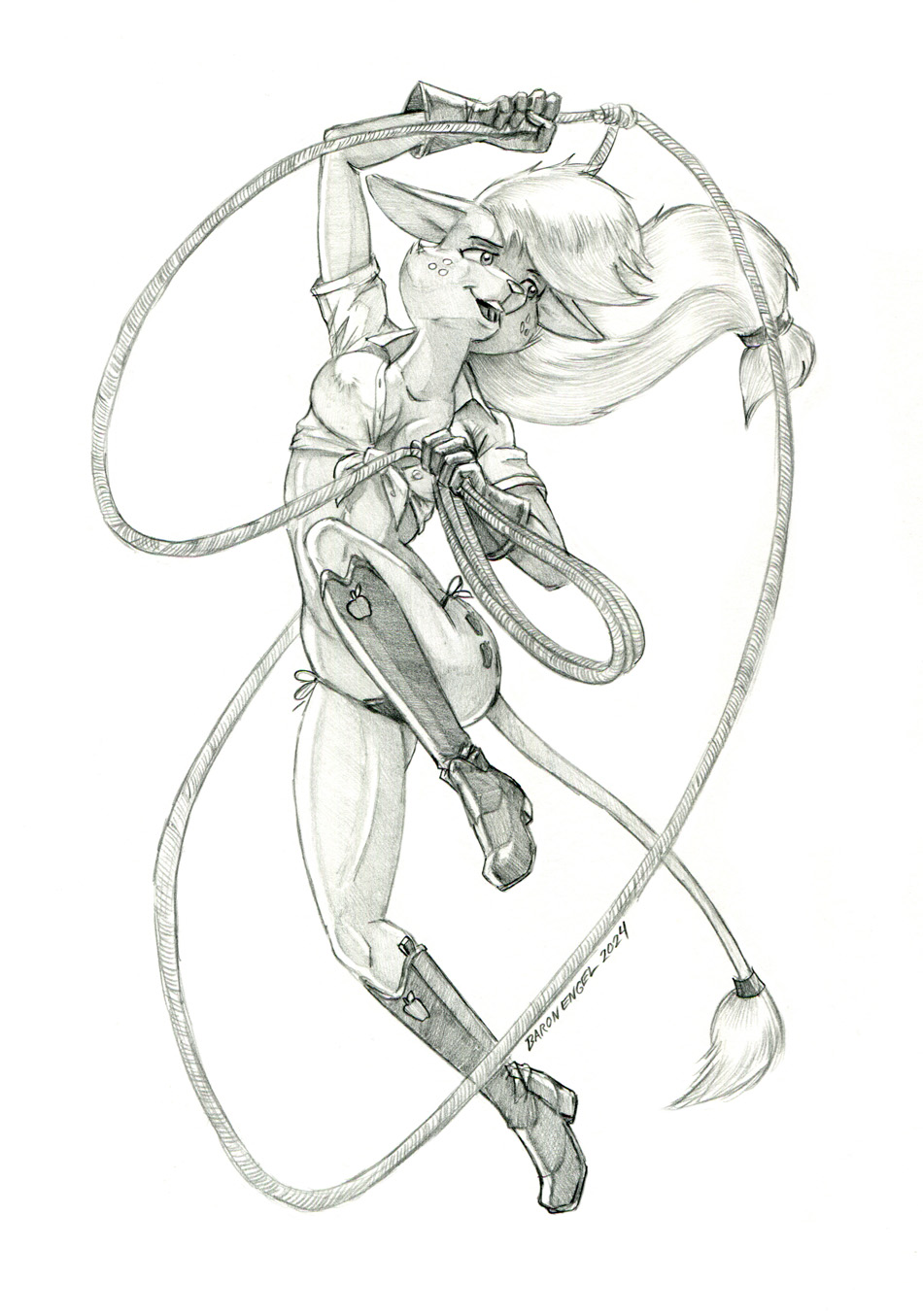action_pose alternate_species anthro applejack_(mlp) baron_engel boots clothing female footwear freckles friendship_is_magic fur gloves greyscale hair handwear hasbro hi_res mammal midriff monochrome mouse murid murine my_little_pony nipple_outline open_mouth panties pose rodent rope simple_background solo tail tail_tuft tuft underwear white_background