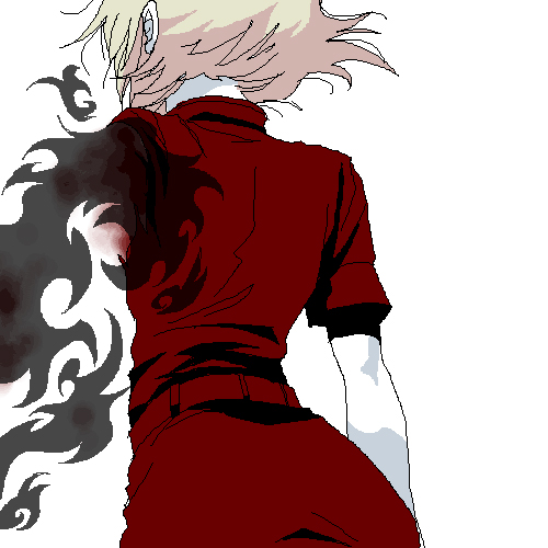 1girl amputee blonde_hair darkness from_behind hellsing jacket lowres medium_hair oekaki red_jacket red_skirt seras_victoria skirt solo toshimichi_yukari upper_body