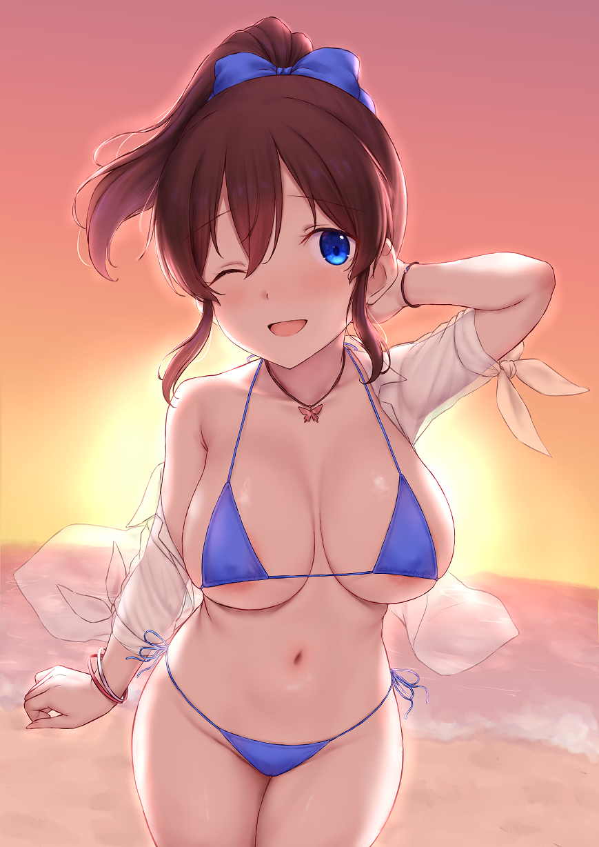1girl areola_slip arm_up beach bikini blue_bikini blue_eyes bracelet breasts brown_hair butterfly_necklace cai_geng collarbone covered_nipples evening gradient_sky highres idolmaster idolmaster_million_live! jewelry large_breasts looking_at_viewer micro_bikini navel ocean one_eye_closed open_mouth orange_sky outdoors ponytail satake_minako shirt sky smile solo standing sunset swimsuit white_shirt